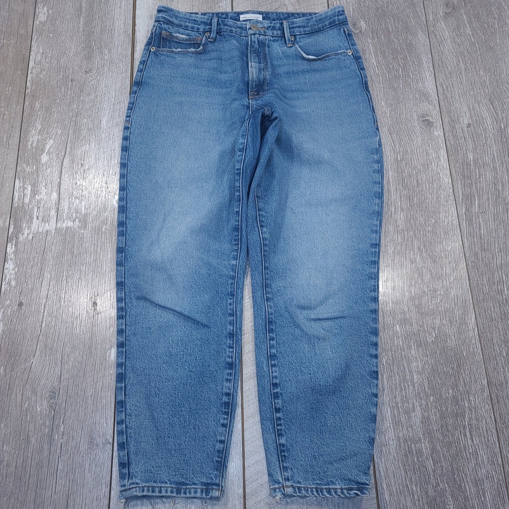 Good American Jeans Womens 6/28 Blue Straight Leg Mom High Rise Distressed Hem